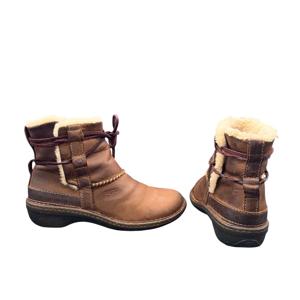 UGG Leather Sheepskin Ankle Boots Brown Lace Tie Women’s US 8
